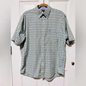 Tommy Hilfiger Men’s Plaid Green Short Sleeve Cotton Button Down Shirt sz L